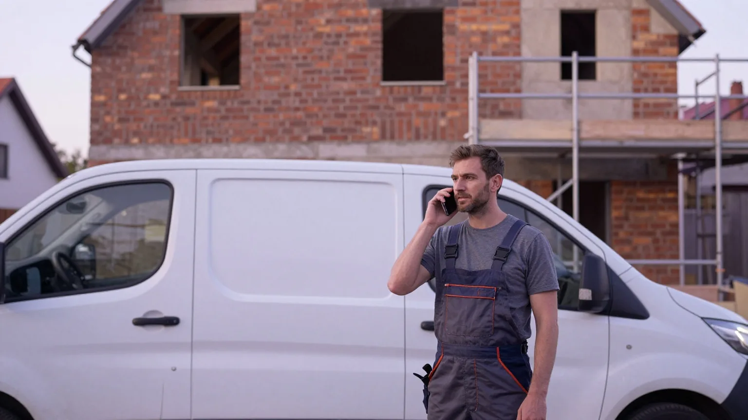 Handwerker in Arbeitskleidung steht neben einem weißen Transporter auf einer Baustelle und telefoniert, dahinter ein Gerüst