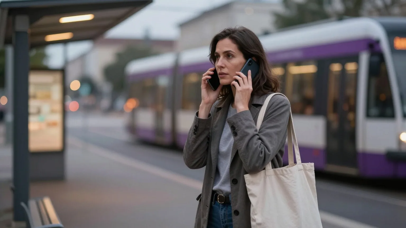 Frau an einer Straßenbahnhaltestelle am Abend, sie hält ein Smartphone ans Ohr, im Hintergrund eine Straßenbahn