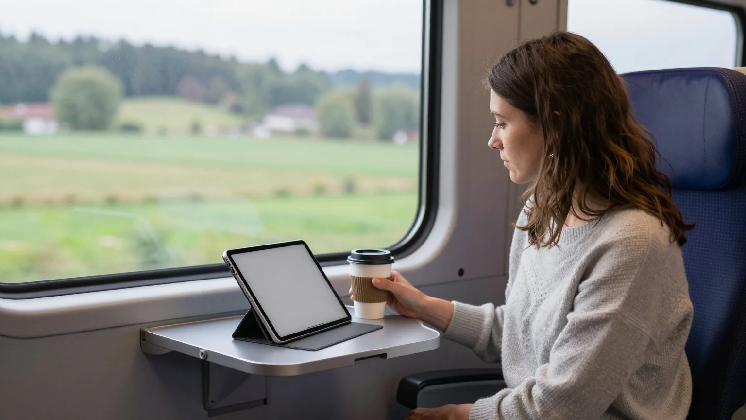 Frau im Zug am Fensterplatz, vor ihr ein Tablet mit abgewandtem Bildschirm und ein Kaffeebecher, draußen zieht Landschaft vorbei