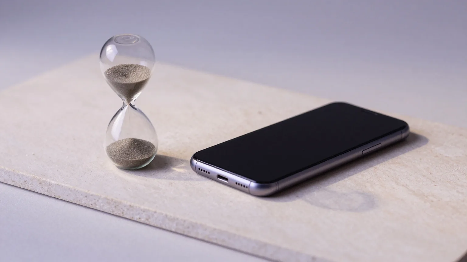 Smartphone liegt umgedreht auf einer hellen Steinplatte neben einer kleinen Sanduhr, viel freie Fläche, weiches Seitenlicht
