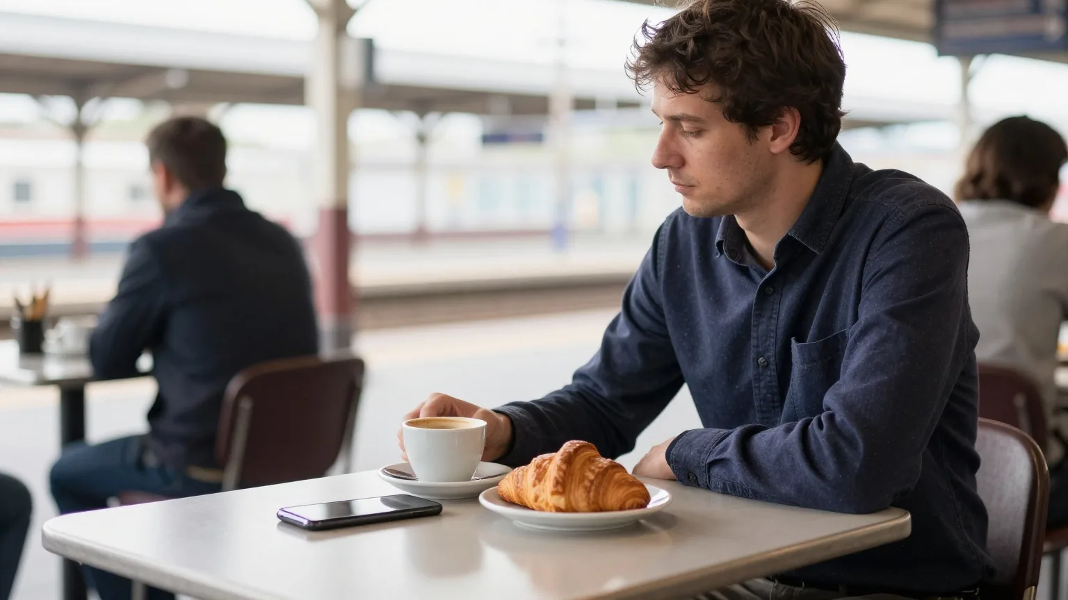 Mann an einem Tisch in einem Bahnhofscafé, vor ihm ein umgedrehtes Smartphone, eine Tasse Kaffee und ein Croissant