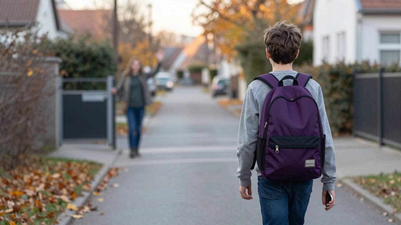 Junger Mensch von hinten auf dem Schulweg in einer ruhigen Wohnstraße im Herbst, im Hintergrund winkt ein Elternteil am Gartentor
