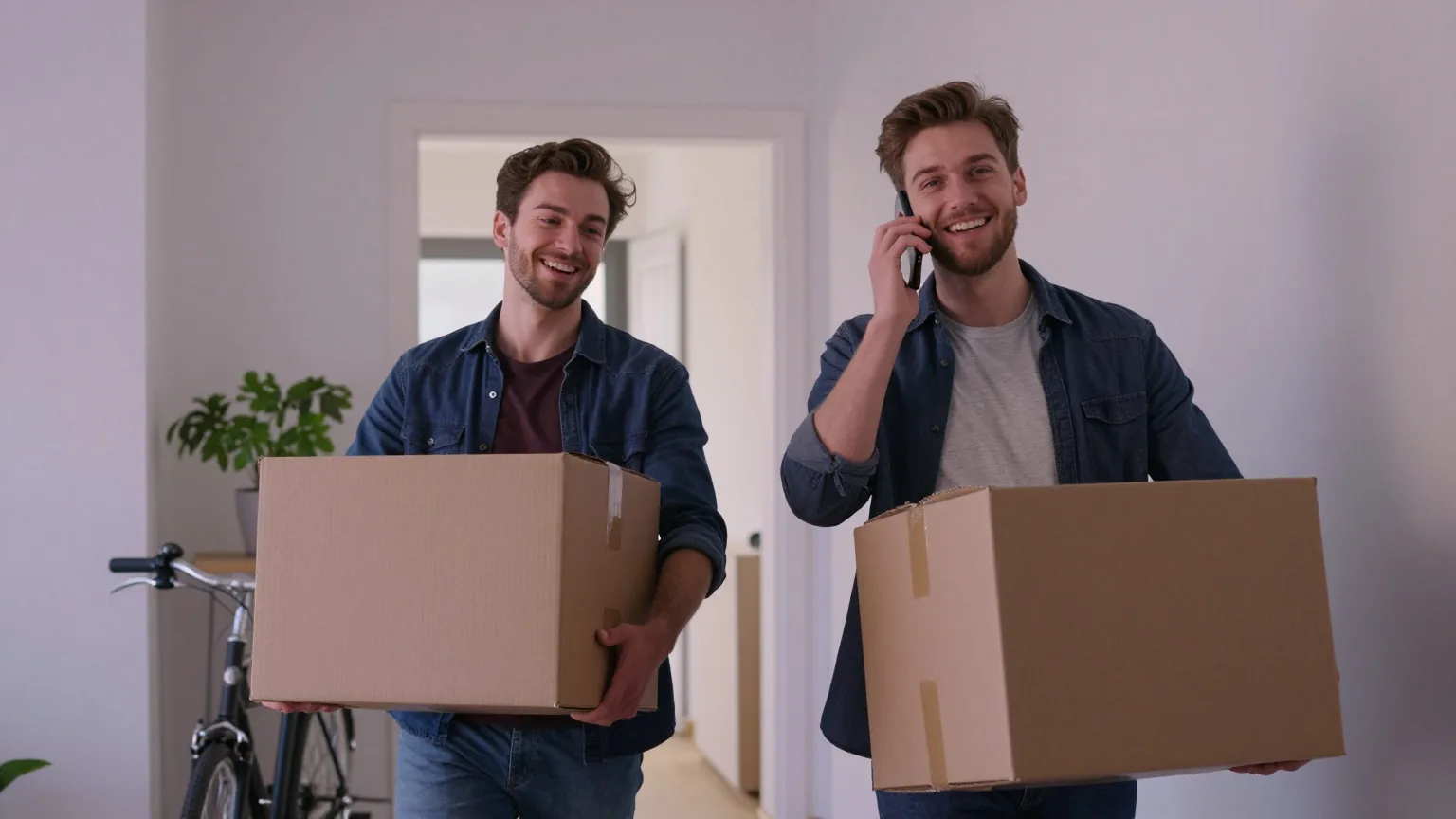 Zwei junge Erwachsene tragen Umzugskartons in eine helle Wohngemeinschaft, einer telefoniert lachend mit dem Smartphone am Ohr