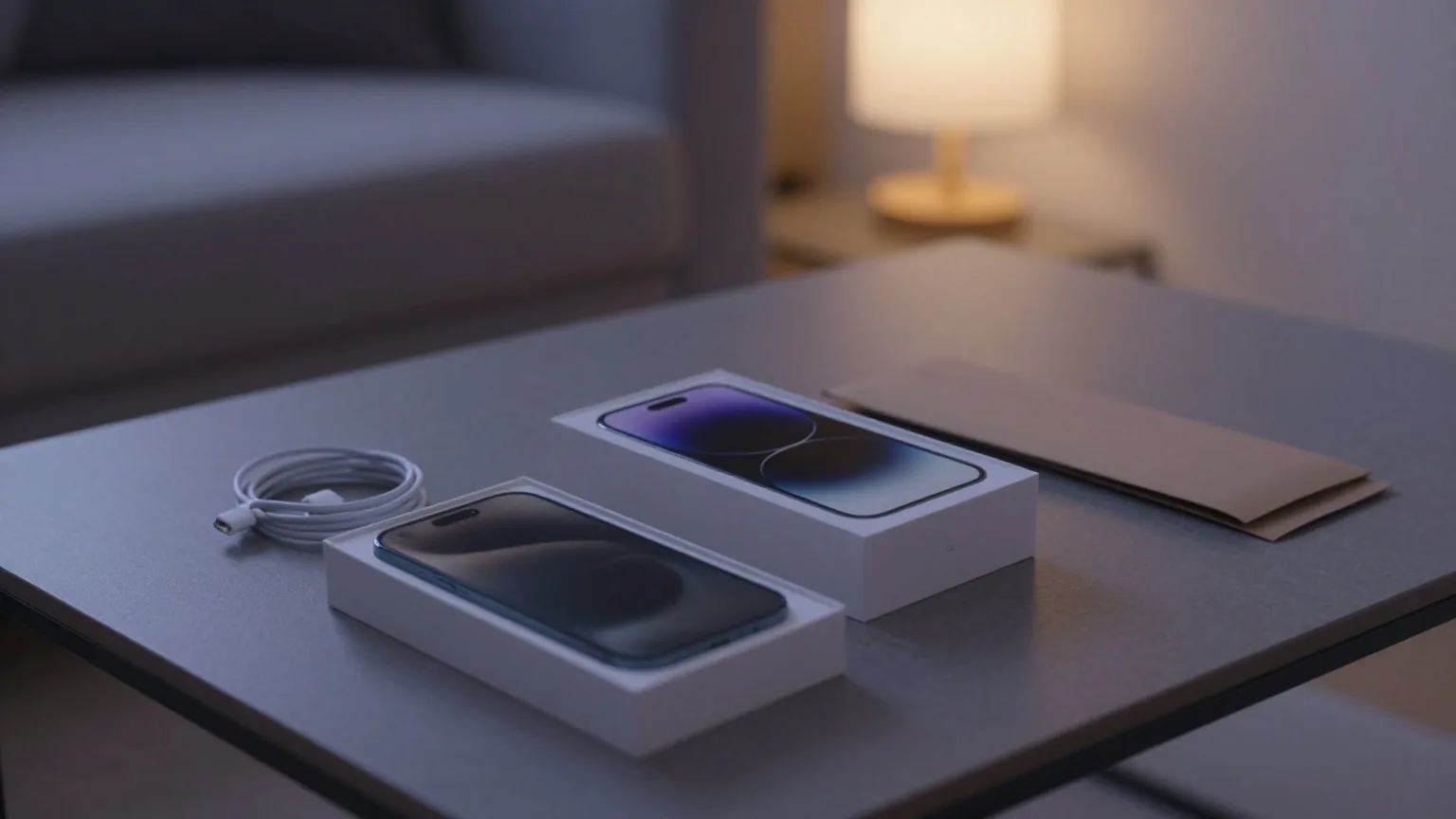 Geöffneter weißer Smartphone-Karton auf einem Couchtisch, das neue Gerät liegt umgedreht darin, daneben ein Ladekabel