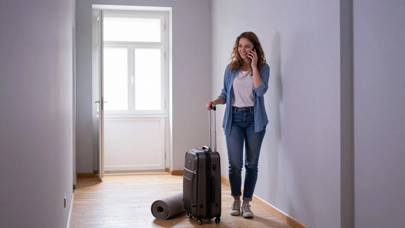 Junge Frau steht im Flur einer halb leeren Wohnung neben Koffer und zusammengerolltem Teppich und telefoniert