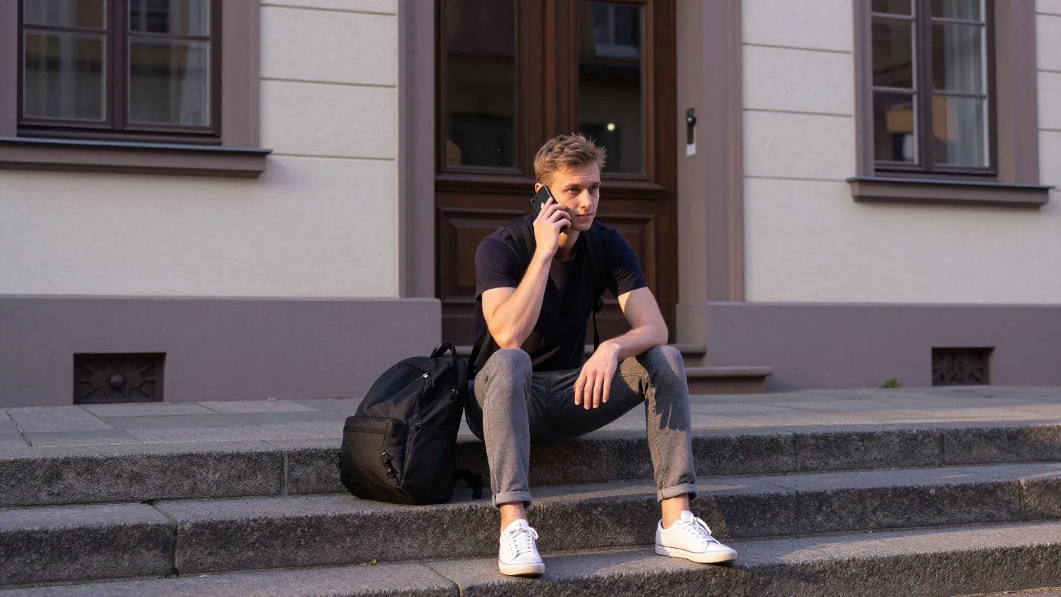 Junger Mann sitzt auf den Stufen vor einem Altbau und telefoniert mit dem Smartphone am Ohr, neben ihm ein Rucksack