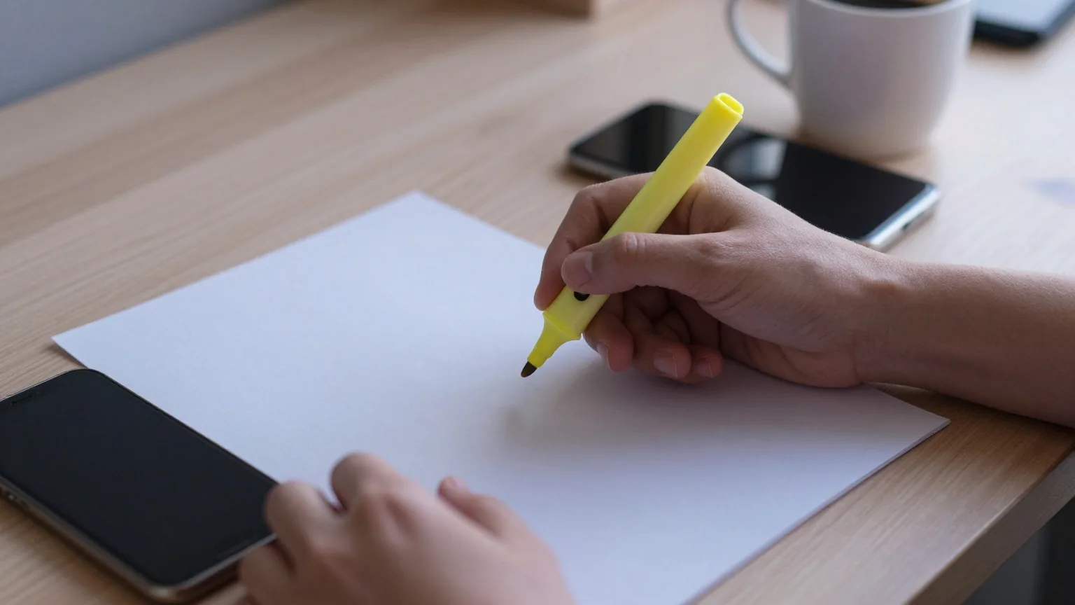 Hände mit einem gelben Leuchtstift über einem Blatt Papier auf dem Küchentisch, daneben ein Smartphone und eine Tasse Kaffee