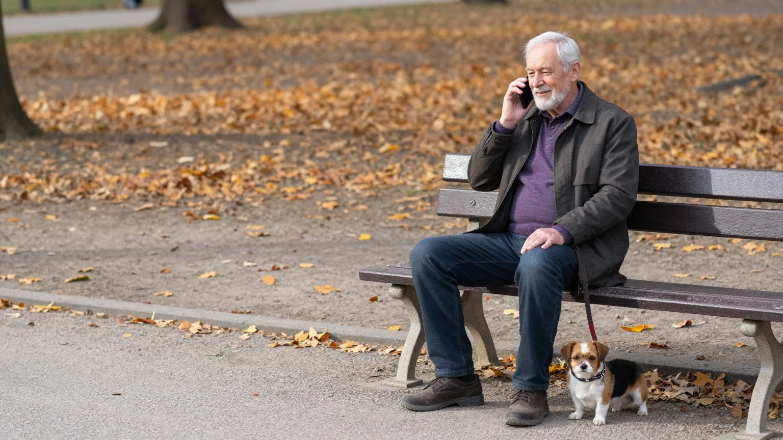 Älterer Mann sitzt im Herbst auf einer Parkbank und telefoniert, zu seinen Füßen ein kleiner Hund an der Leine