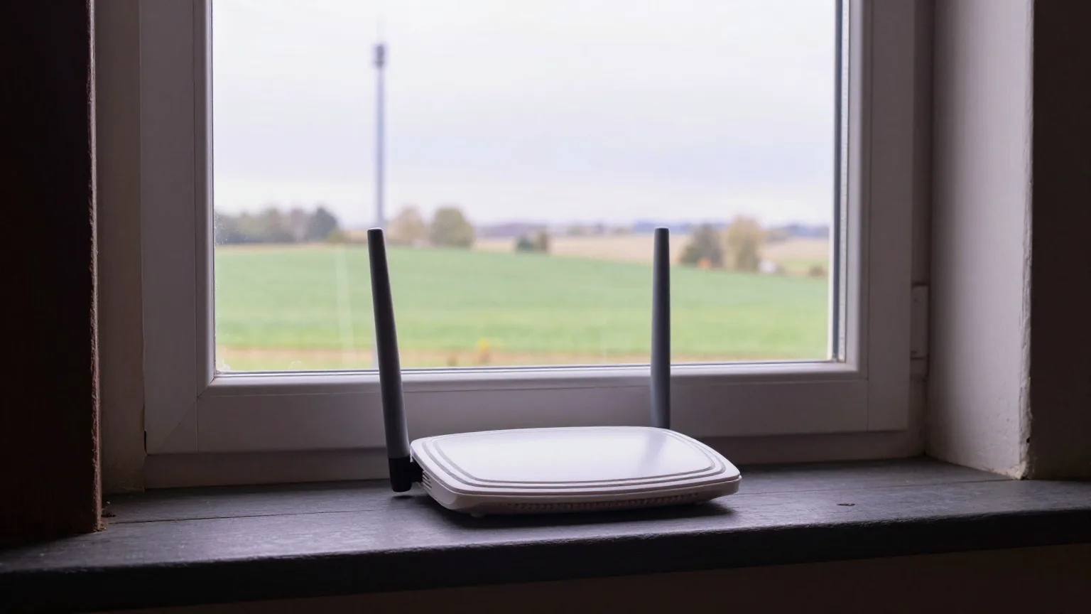 Weißer Router ohne Beschriftung auf der Fensterbank eines alten Bauernhauses, draußen Felder und in der Ferne ein Mobilfunkmast
