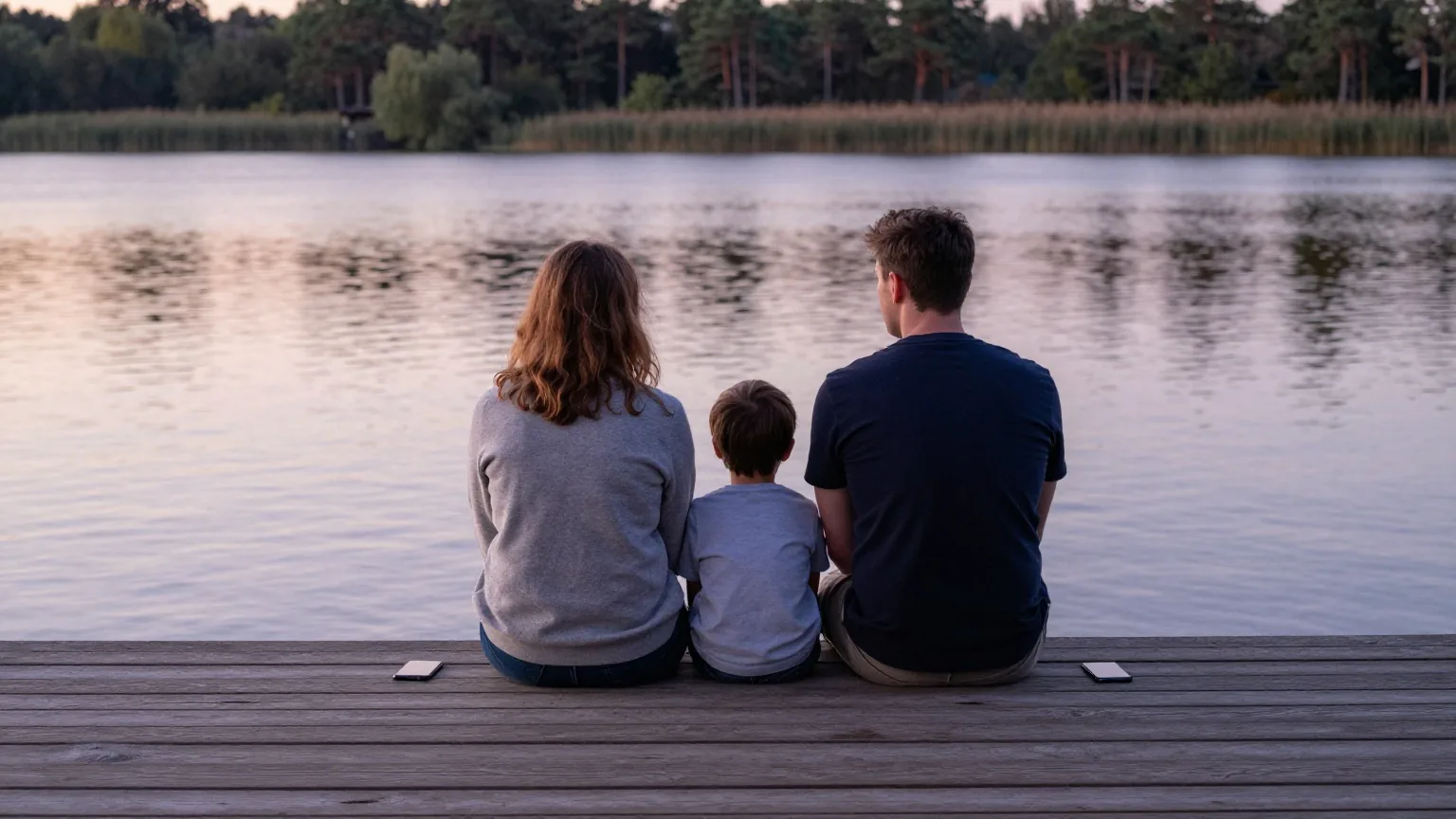 Frau, Mann und ein junger Mensch sitzen von hinten gesehen auf einem Holzsteg am See, neben ihnen liegen zwei Smartphones