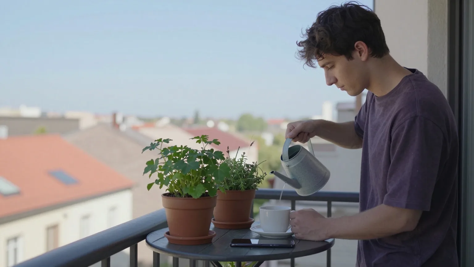 Junger Mann gießt Kräuter auf einem kleinen Stadtbalkon, auf dem Tisch liegt ein Smartphone neben einer Kaffeetasse
