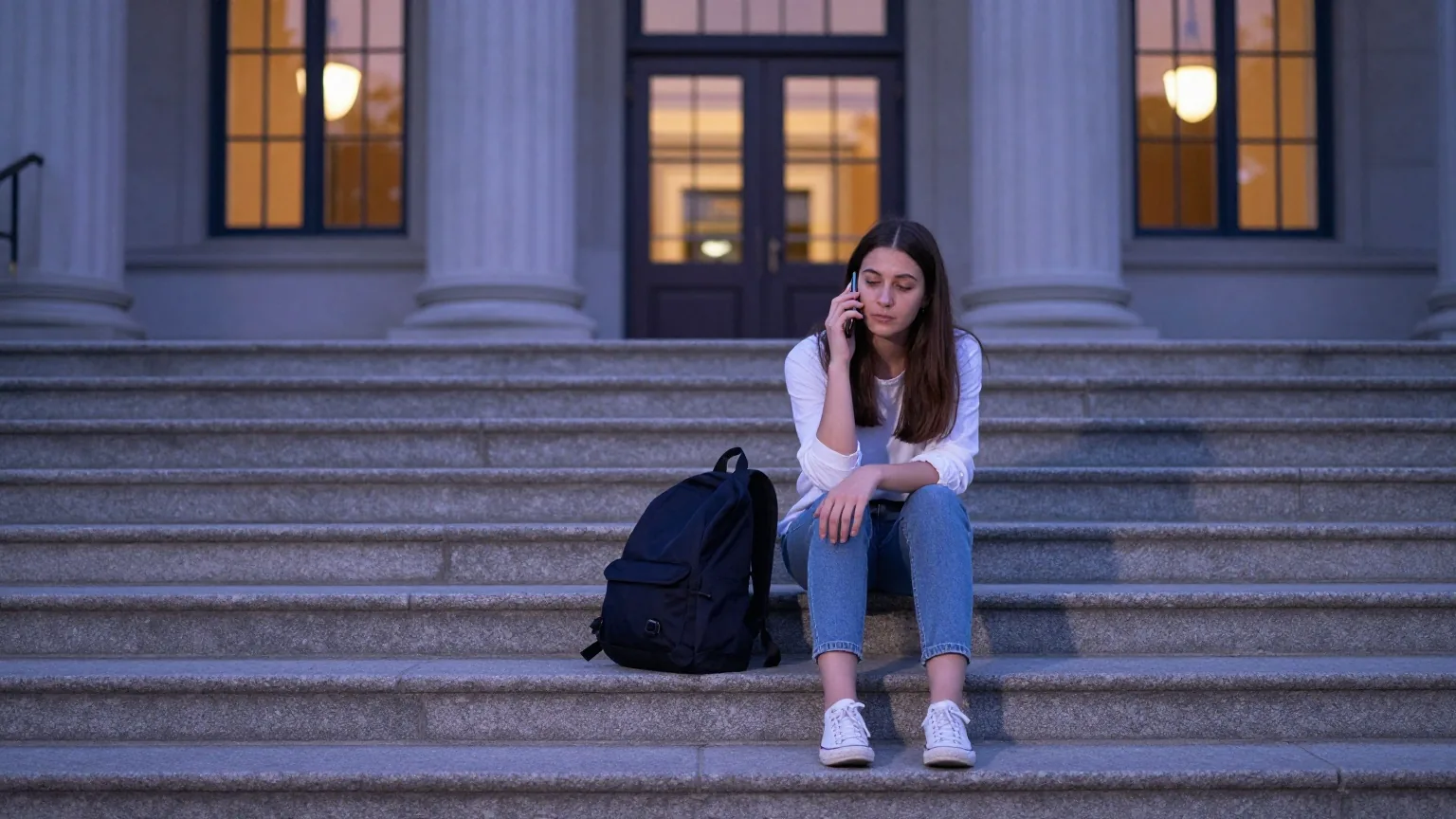 Junge Frau sitzt in der Abenddämmerung auf den Steinstufen eines Universitätsgebäudes und telefoniert, neben ihr ein Rucksack