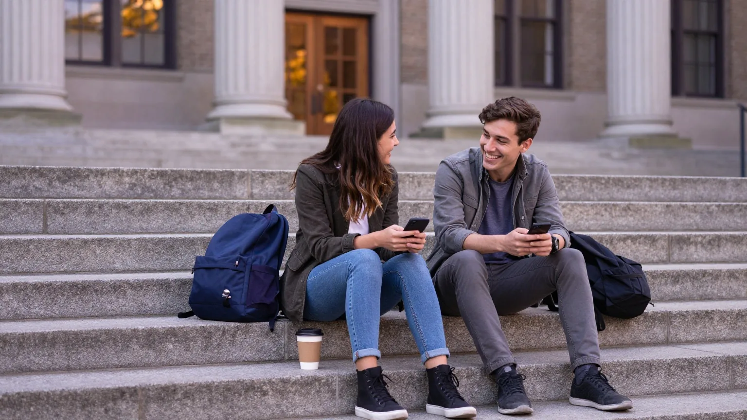 Zwei junge Erwachsene sitzen im Herbst auf den Stufen vor einem Universitätsgebäude, einer hält ein Smartphone