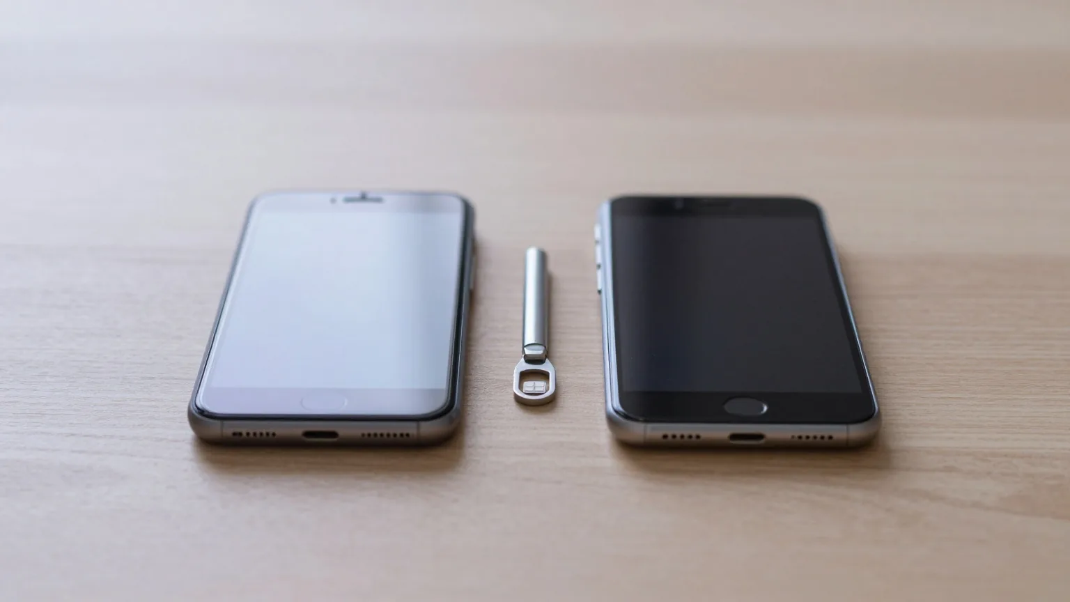 Zwei Smartphones liegen umgedreht nebeneinander auf einem hellen Eichentisch, ein älteres und ein neues, dazwischen ein kleines SIM-Werkzeug