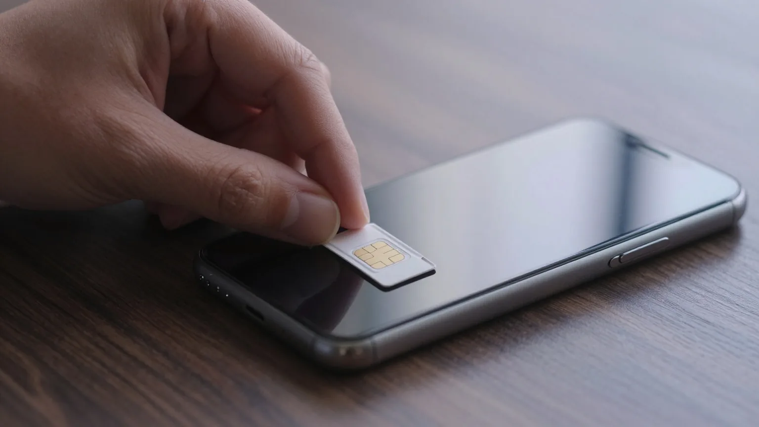 Hand schiebt einen Kartenschlitten mit einer SIM-Karte ohne Aufdruck in ein umgedrehtes Smartphone auf einem dunklen Holztisch