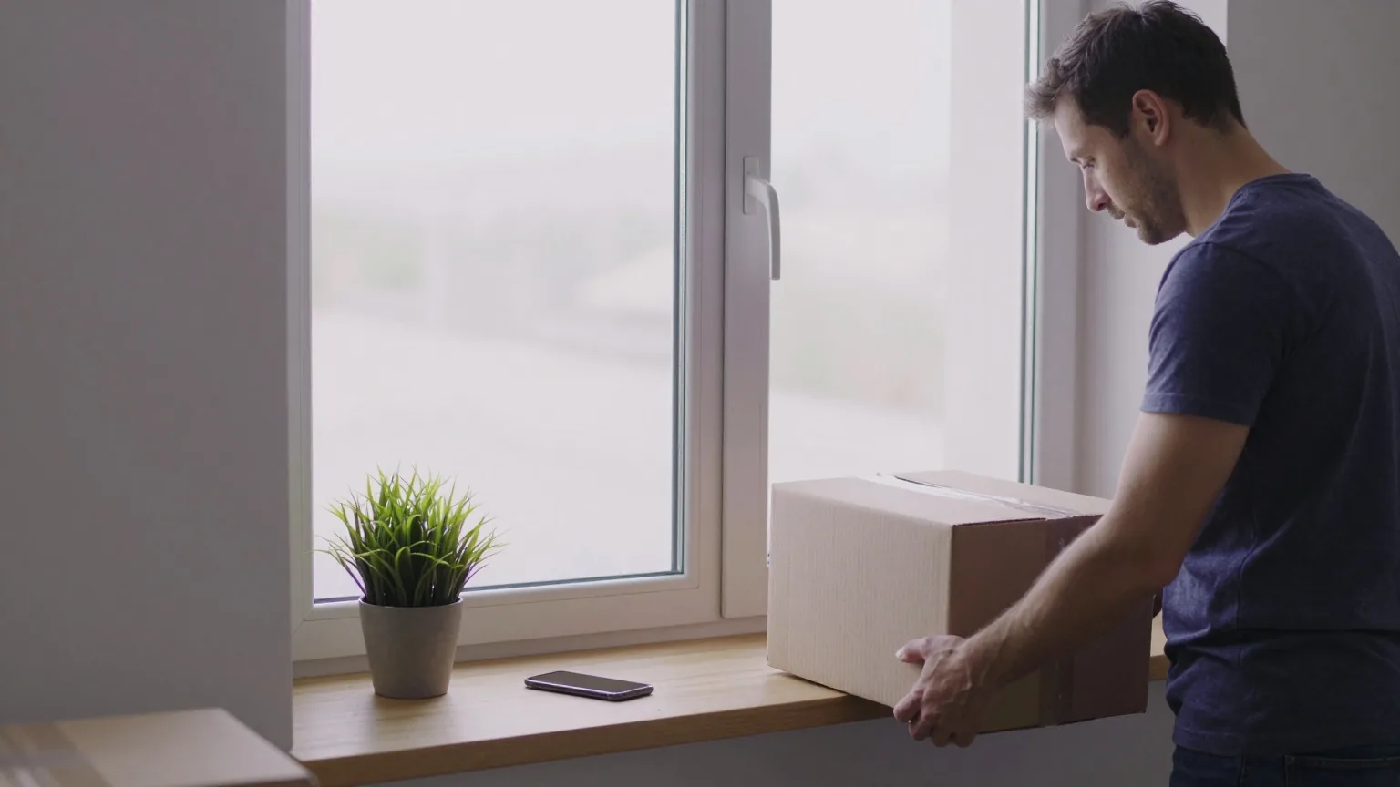 Mann packt in einer hellen, halb eingerichteten Wohnung einen Umzugskarton aus, ein Smartphone liegt auf der Fensterbank