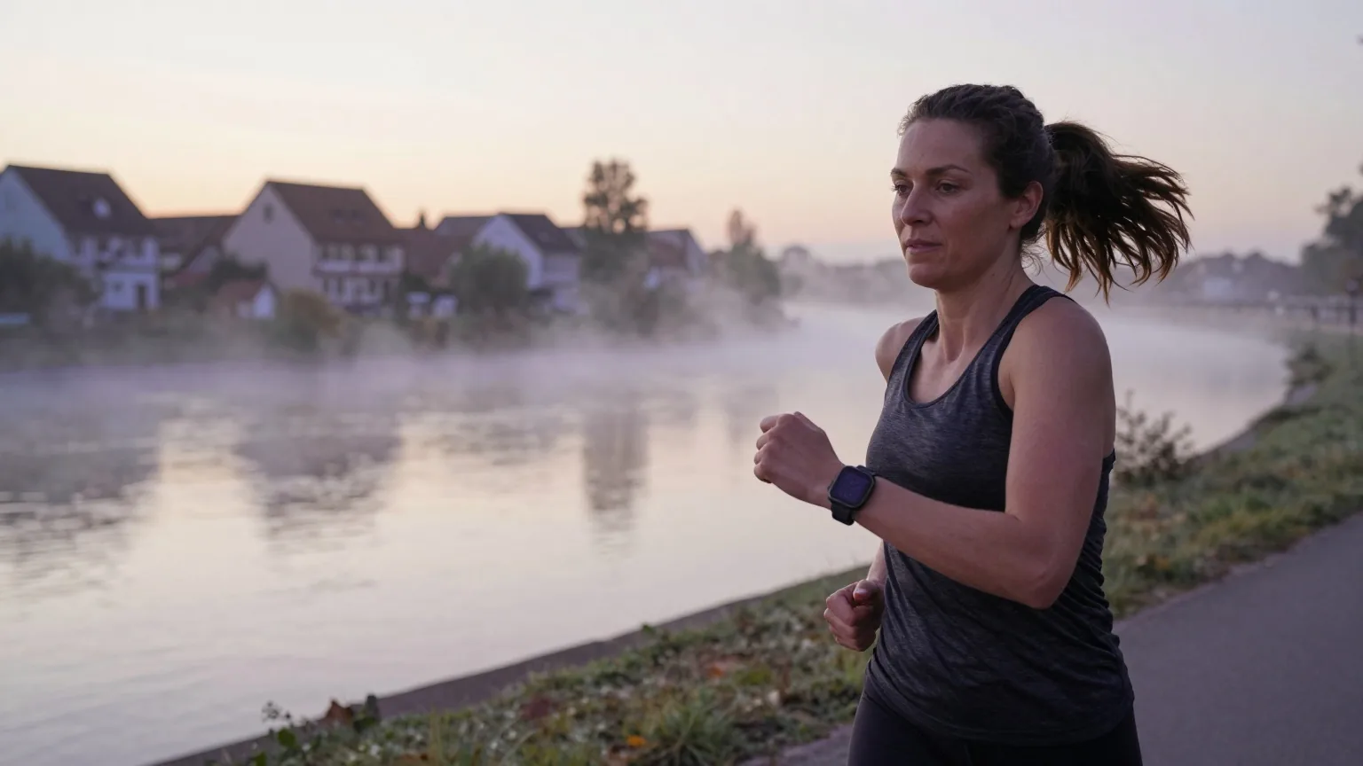 Frau joggt am frühen Morgen an einem Flussufer, am Handgelenk eine Smartwatch mit dunklem Display, ohne Handy in der Hand