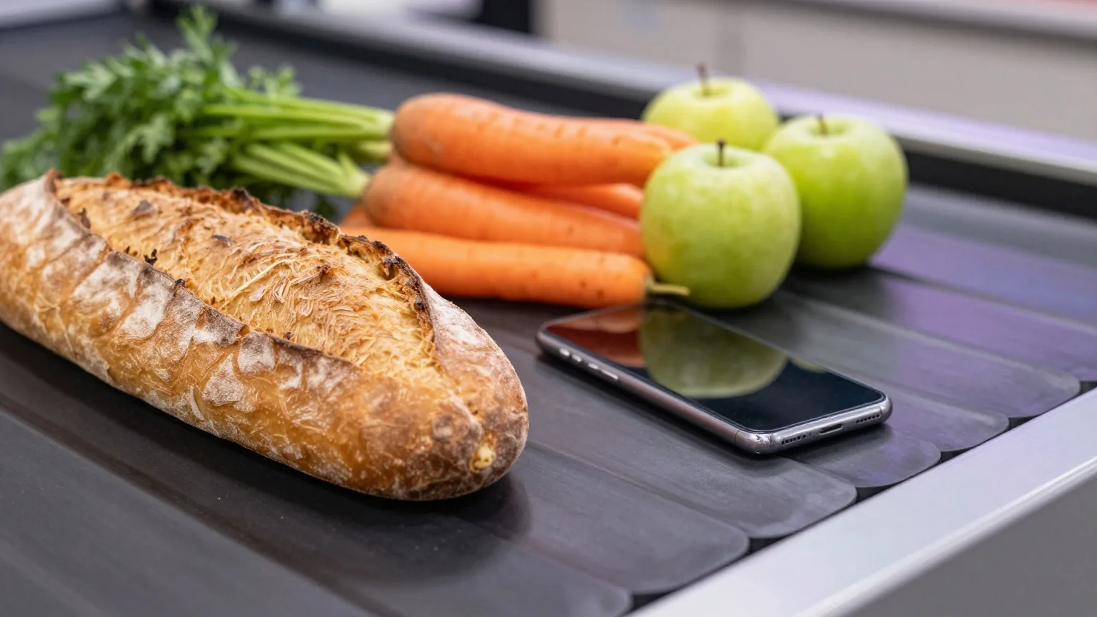 Kassenband im Supermarkt mit Brot, Karotten und Äpfeln, dazwischen liegt ein Smartphone mit dem Display nach unten