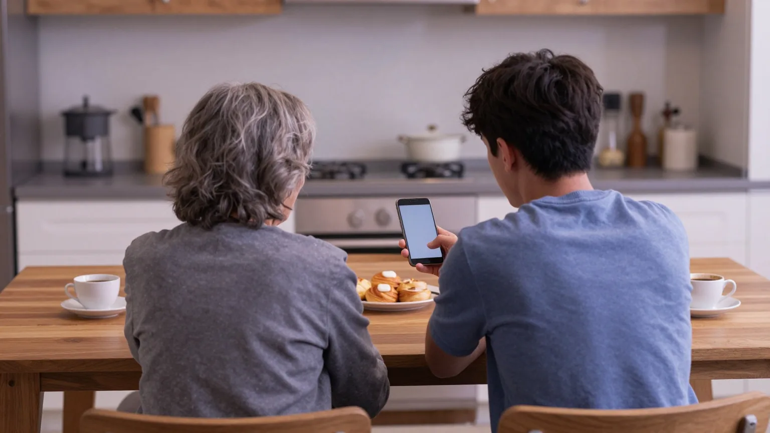 Drei Generationen von hinten gesehen an einem Küchentisch mit Kaffee und Gebäck, ein Mann hält ein Smartphone