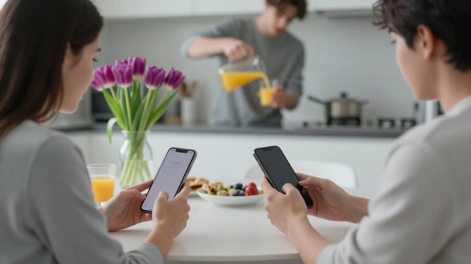 Frau und Mann am Frühstückstisch, beide mit Smartphone in der Hand, im Hintergrund schenkt ein junger Mensch Saft ein