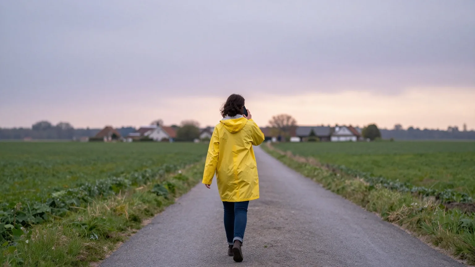 Frau in gelber Regenjacke geht von hinten gesehen einen Feldweg zwischen grünen Feldern entlang und telefoniert, in der Ferne ein Dorf
