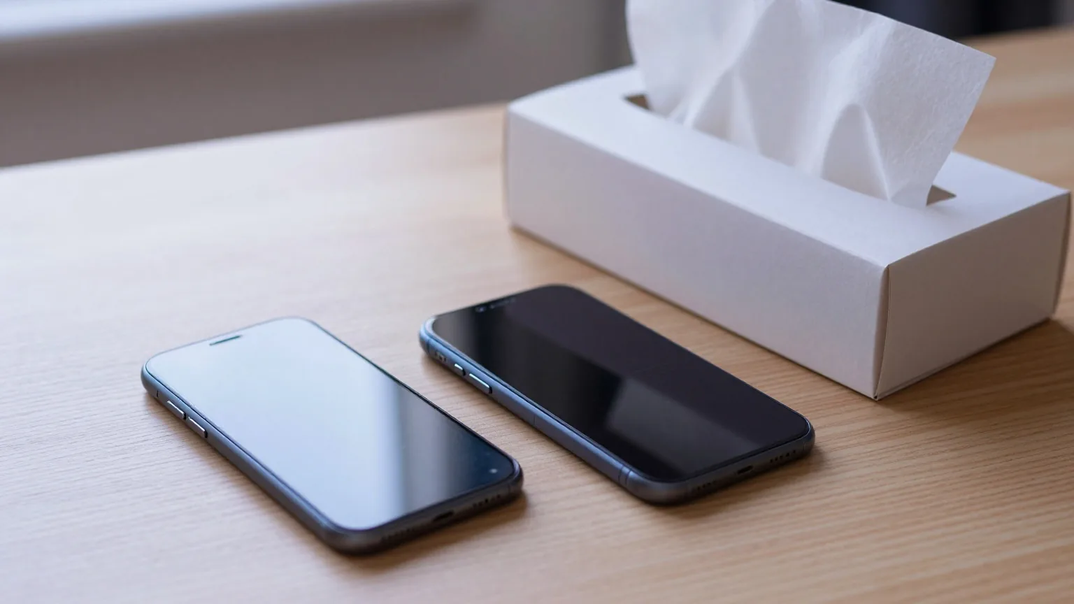 Zwei umgedrehte Smartphones auf einem hellen Eichentisch, ein älteres und ein neues neben einem geöffneten weißen Karton