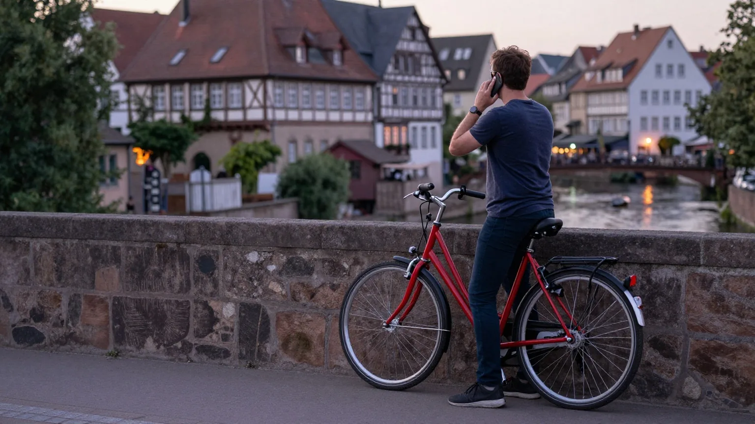 Radfahrer steht von hinten gesehen neben einem roten Fahrrad auf einer Steinbrücke über einem Fluss und telefoniert