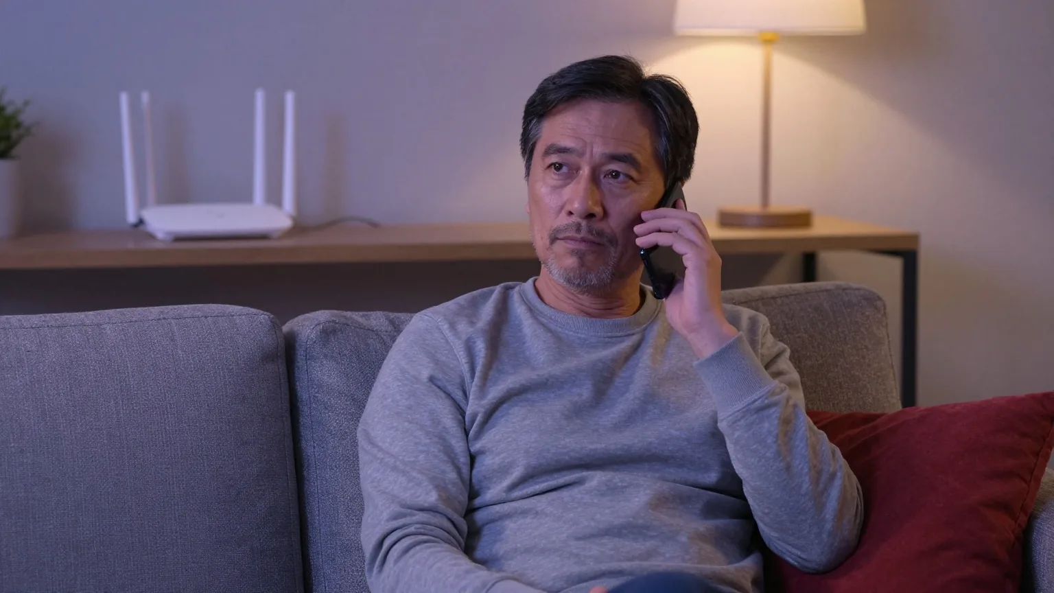 Mann sitzt abends auf dem Sofa und telefoniert, im Regal hinter ihm steht ein weißer WLAN-Router, daneben ein rotes Kissen