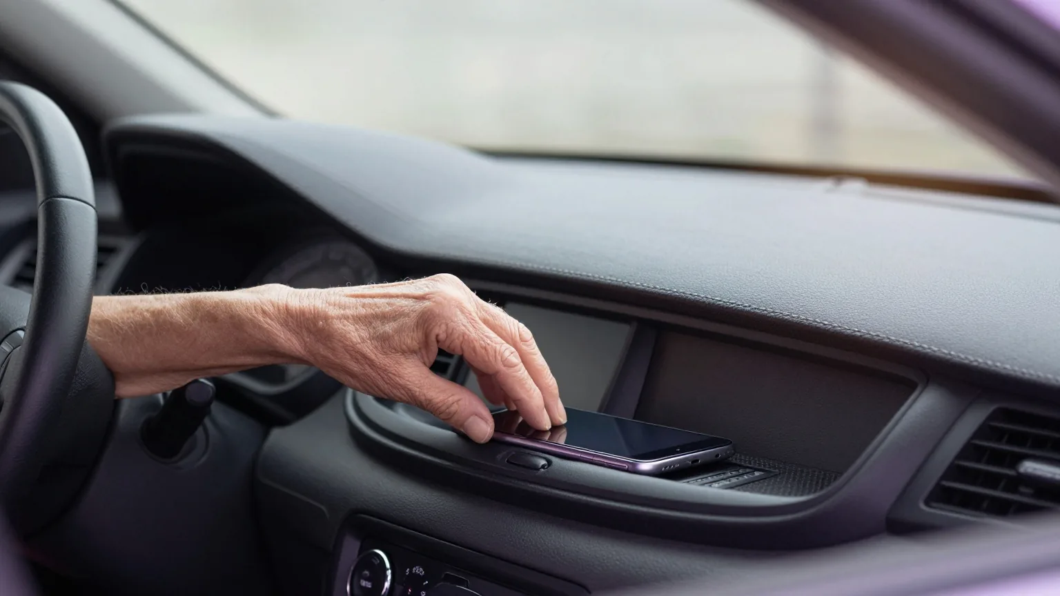 Hand einer älteren Frau legt im geparkten Auto ein ausgeschaltetes Handy in ein Ablagefach, bei bedecktem Tageslicht