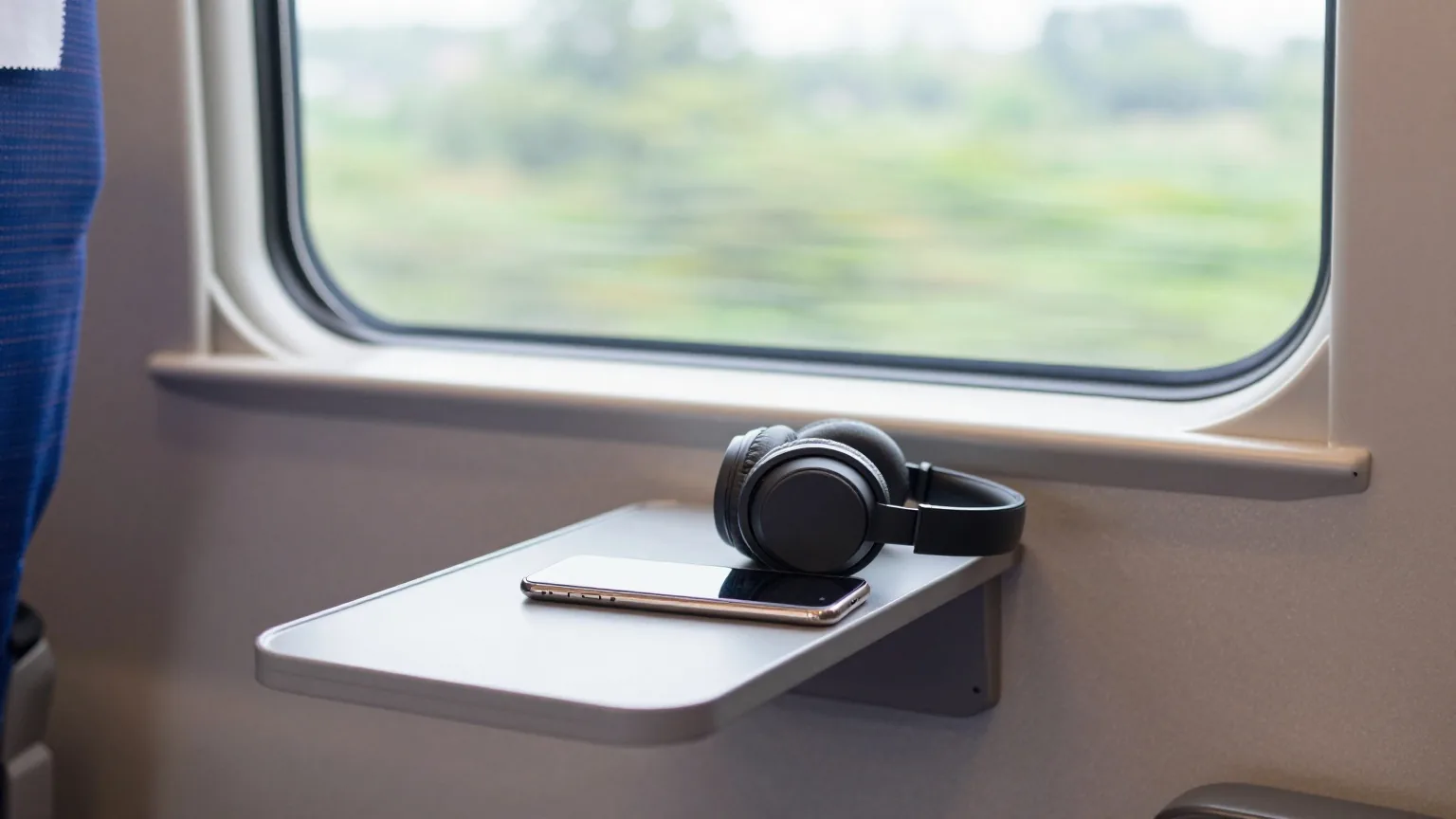 Fensterplatz im Zug mit Smartphone und Kopfhörern auf dem Tisch, draußen zieht unscharf eine Landschaft vorbei