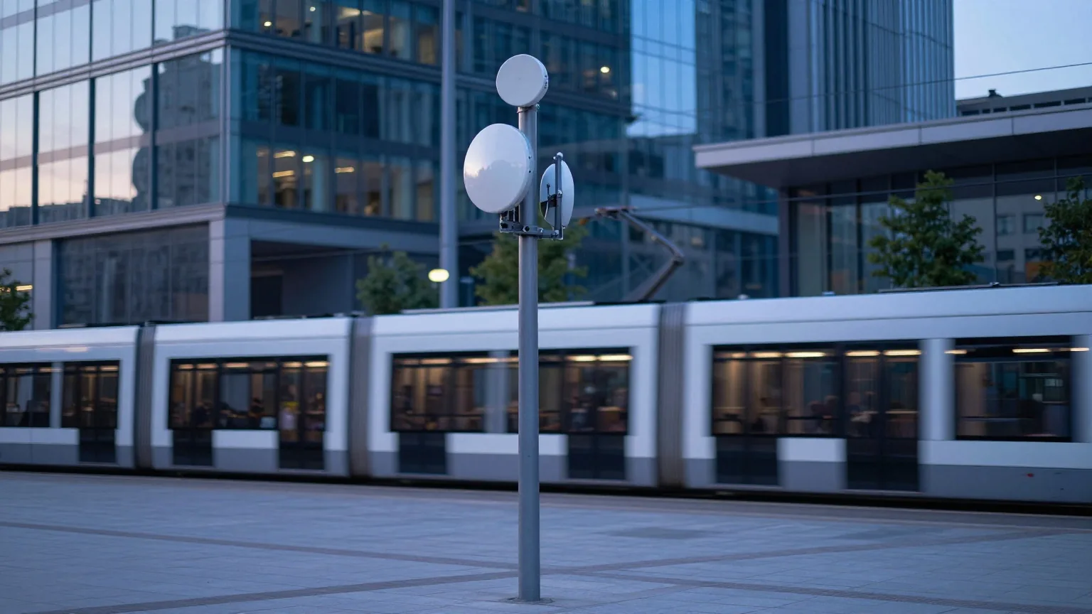 Innenstadtplatz zur blauen Stunde mit vorbeifahrender Straßenbahn, vorn eine kleine Antenne an einem Laternenmast