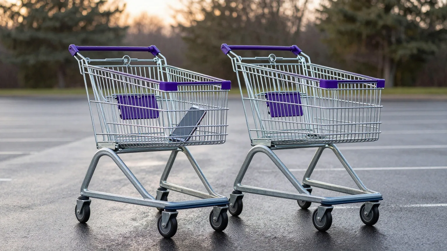 Zwei leere Einkaufswagen nebeneinander auf nassem Asphalt bei Sonnenaufgang, in einem liegt ein Smartphone