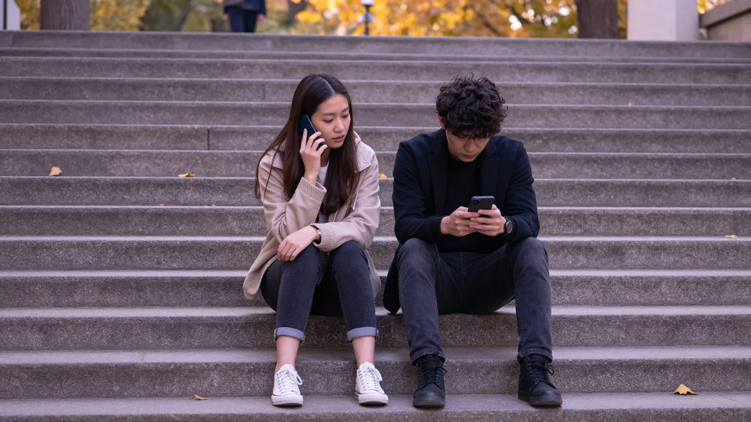 Zwei junge Erwachsene auf Steinstufen in einem Park im Herbst, sie telefoniert, er schaut auf sein Handy