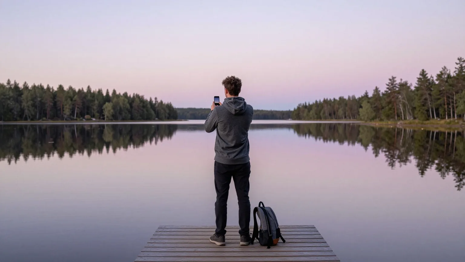Reisende von hinten auf einem Holzsteg an einem stillen See in der Abenddämmerung, in der Hand ein Smartphone