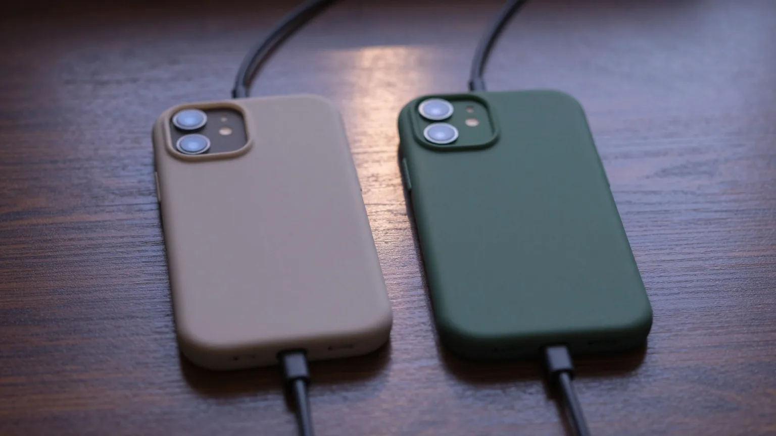 Zwei Smartphones mit dem Display nach unten auf einem Nussbaumtisch, eines in heller, eines in dunkelgrüner Hülle
