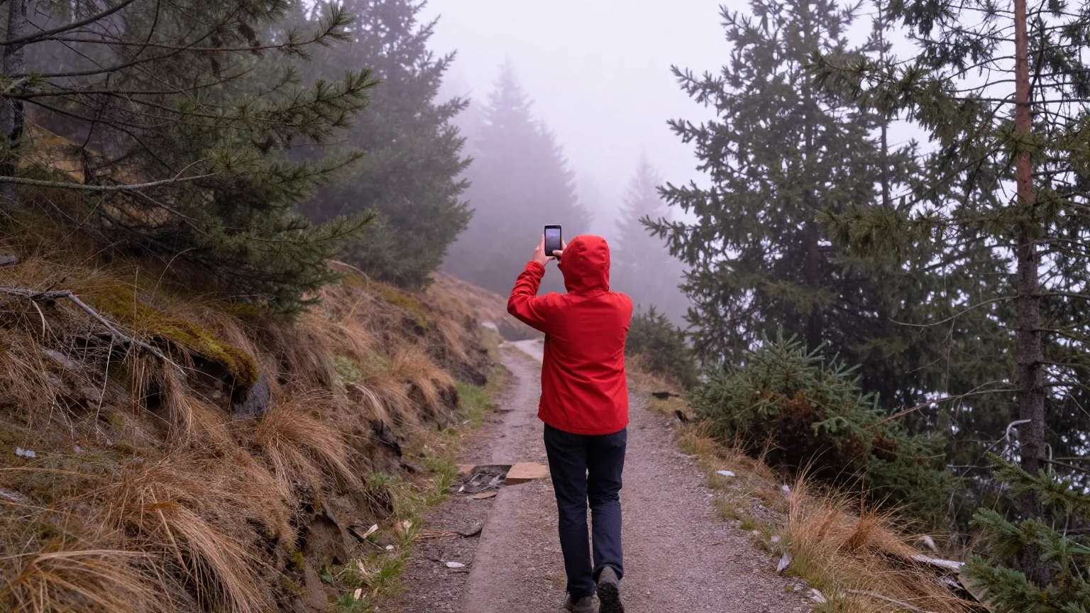 Wanderin in roter Jacke von hinten auf einem Waldweg im Morgennebel, sie hält ihr Smartphone in die Höhe