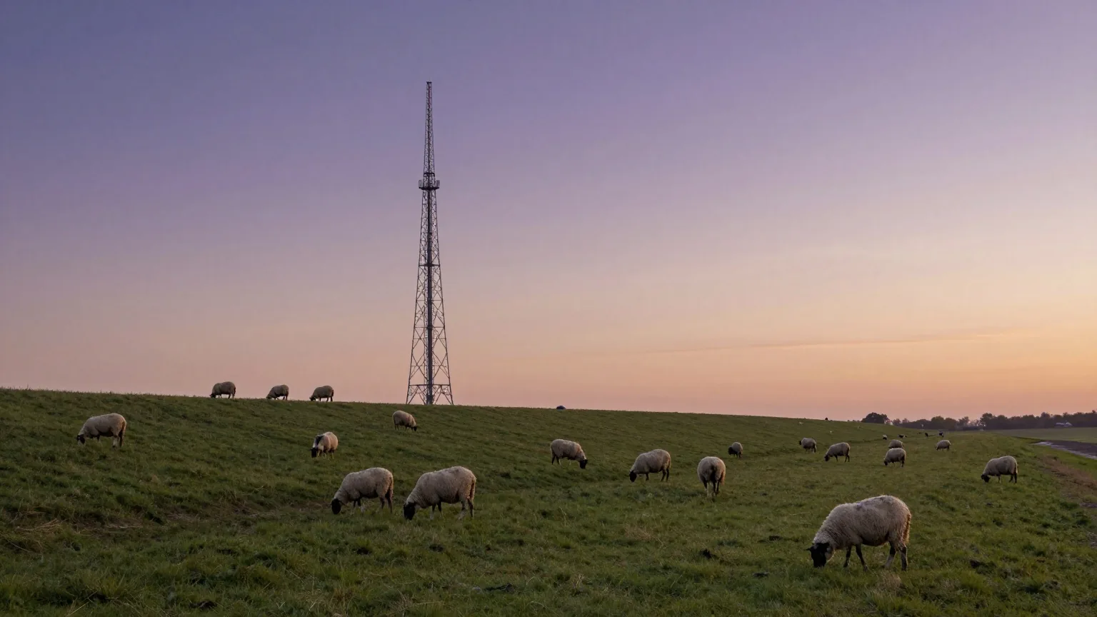Grüner Deich in flacher Landschaft mit grasenden Schafen, dahinter ein hoher Funkmast im Abendlicht