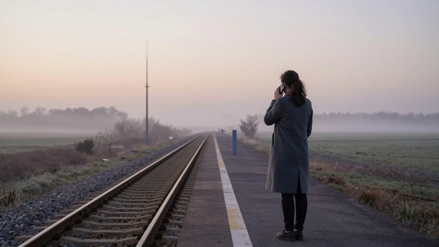 Frau im Mantel wartet von hinten gesehen auf einem leeren Bahnsteig auf dem Land und telefoniert